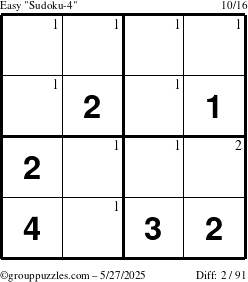 The grouppuzzles.com Easy Sudoku-4 puzzle for Tuesday May 27, 2025 with the first 2 steps marked