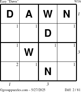 The grouppuzzles.com Easy Dawn puzzle for Tuesday May 27, 2025 with all 2 steps marked