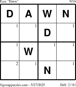The grouppuzzles.com Easy Dawn puzzle for Tuesday May 27, 2025 with the first 2 steps marked