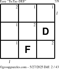 The grouppuzzles.com Easy TicTac-DEF puzzle for Tuesday May 27, 2025 with all 2 steps marked