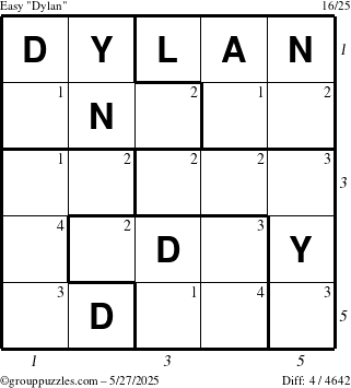 The grouppuzzles.com Easy Dylan puzzle for Tuesday May 27, 2025 with all 4 steps marked