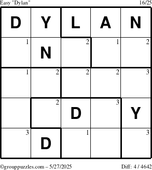 The grouppuzzles.com Easy Dylan puzzle for Tuesday May 27, 2025 with the first 3 steps marked