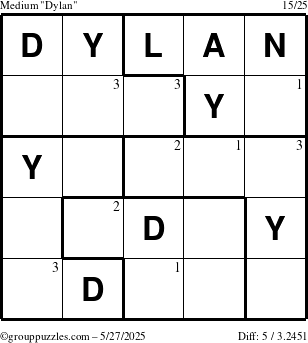 The grouppuzzles.com Medium Dylan puzzle for Tuesday May 27, 2025 with the first 3 steps marked