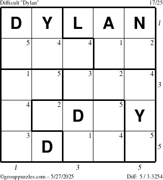 The grouppuzzles.com Difficult Dylan puzzle for Tuesday May 27, 2025 with all 5 steps marked