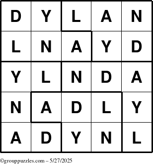 The grouppuzzles.com Answer grid for the Dylan puzzle for Tuesday May 27, 2025