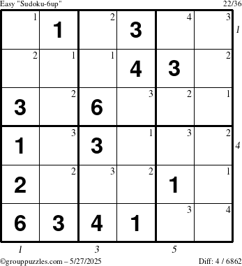 The grouppuzzles.com Easy Sudoku-6up puzzle for Tuesday May 27, 2025, suitable for printing, with all 4 steps marked