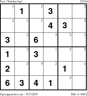 The grouppuzzles.com Easy Sudoku-6up puzzle for Tuesday May 27, 2025 with the first 3 steps marked