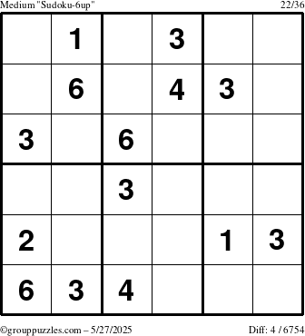 The grouppuzzles.com Medium Sudoku-6up puzzle for Tuesday May 27, 2025