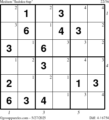 The grouppuzzles.com Medium Sudoku-6up puzzle for Tuesday May 27, 2025 with all 4 steps marked