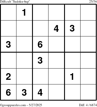 The grouppuzzles.com Difficult Sudoku-6up puzzle for Tuesday May 27, 2025