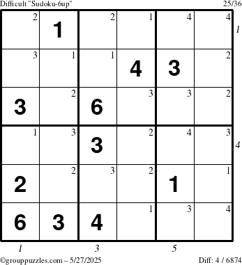 The grouppuzzles.com Difficult Sudoku-6up puzzle for Tuesday May 27, 2025 with all 4 steps marked