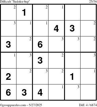 The grouppuzzles.com Difficult Sudoku-6up puzzle for Tuesday May 27, 2025 with the first 3 steps marked
