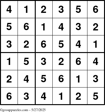 The grouppuzzles.com Answer grid for the Sudoku-6up puzzle for Tuesday May 27, 2025