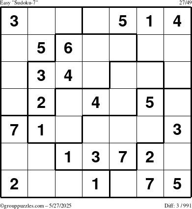 The grouppuzzles.com Easy Sudoku-7 puzzle for Tuesday May 27, 2025