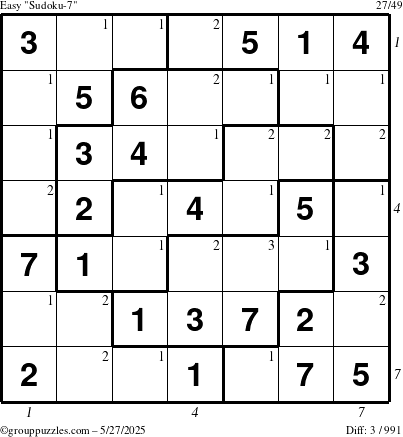 The grouppuzzles.com Easy Sudoku-7 puzzle for Tuesday May 27, 2025 with all 3 steps marked
