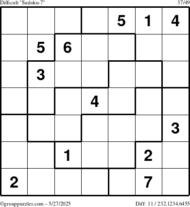 The grouppuzzles.com Difficult Sudoku-7 puzzle for Tuesday May 27, 2025