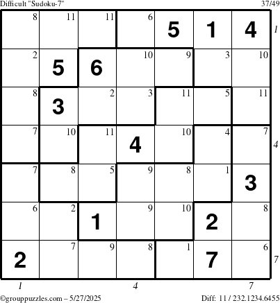 The grouppuzzles.com Difficult Sudoku-7 puzzle for Tuesday May 27, 2025 with all 11 steps marked