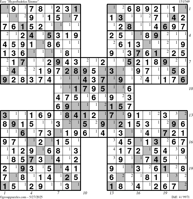 The grouppuzzles.com Easy HyperSudoku-Xtreme puzzle for Tuesday May 27, 2025 with all 4 steps marked