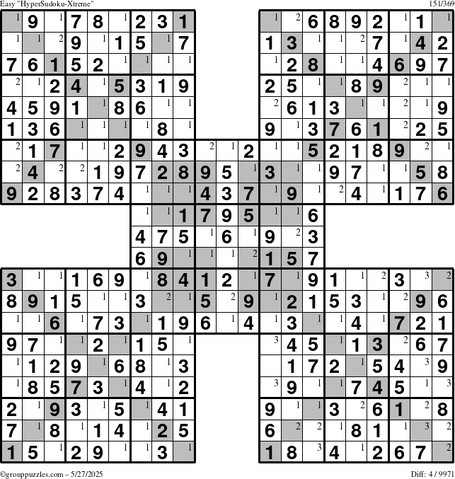 The grouppuzzles.com Easy HyperSudoku-Xtreme puzzle for Tuesday May 27, 2025 with the first 3 steps marked