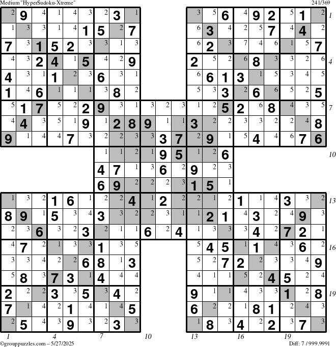The grouppuzzles.com Medium HyperSudoku-Xtreme puzzle for Tuesday May 27, 2025 with all 7 steps marked