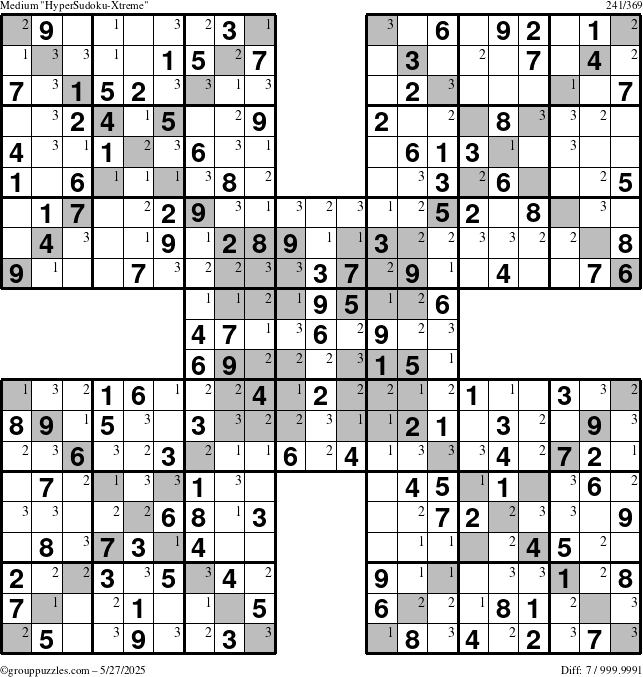 The grouppuzzles.com Medium HyperSudoku-Xtreme puzzle for Tuesday May 27, 2025 with the first 3 steps marked
