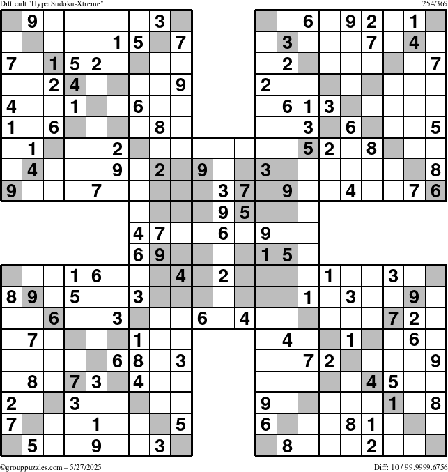 The grouppuzzles.com Difficult HyperSudoku-Xtreme puzzle for Tuesday May 27, 2025