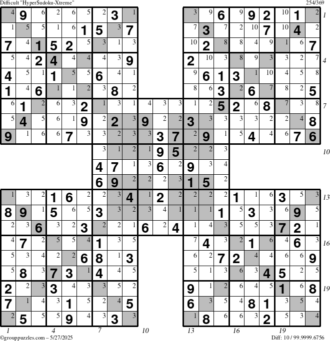 The grouppuzzles.com Difficult HyperSudoku-Xtreme puzzle for Tuesday May 27, 2025 with all 10 steps marked
