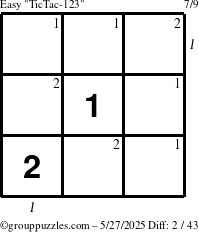 The grouppuzzles.com Easy TicTac-123 puzzle for Tuesday May 27, 2025 with all 2 steps marked