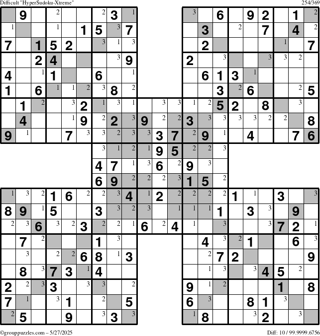 The grouppuzzles.com Difficult HyperSudoku-Xtreme puzzle for Tuesday May 27, 2025 with the first 3 steps marked