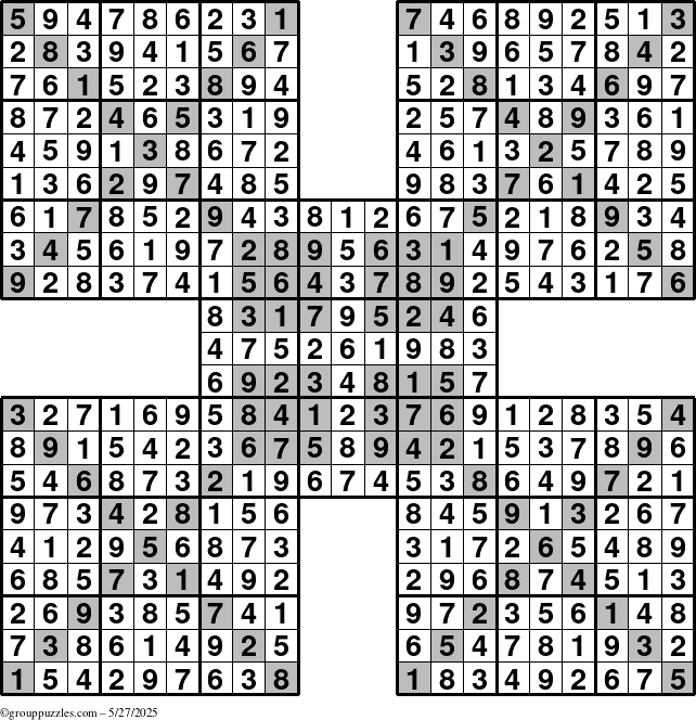 The grouppuzzles.com Answer grid for the HyperSudoku-Xtreme puzzle for Tuesday May 27, 2025