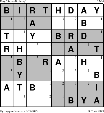 The grouppuzzles.com Easy Super-Birthday puzzle for Tuesday May 27, 2025 with the first 3 steps marked