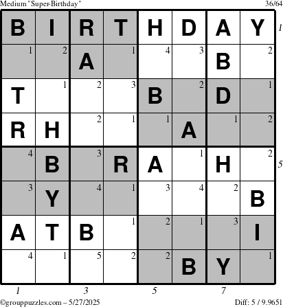 The grouppuzzles.com Medium Super-Birthday puzzle for Tuesday May 27, 2025 with all 5 steps marked