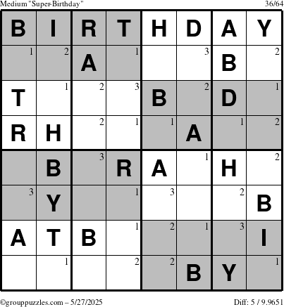 The grouppuzzles.com Medium Super-Birthday puzzle for Tuesday May 27, 2025 with the first 3 steps marked