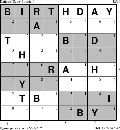 The grouppuzzles.com Difficult Super-Birthday puzzle for Tuesday May 27, 2025 with all 8 steps marked