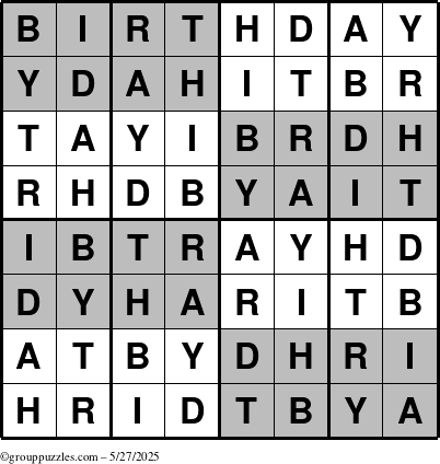 The grouppuzzles.com Answer grid for the Super-Birthday puzzle for Tuesday May 27, 2025