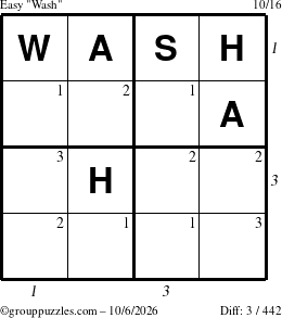 The grouppuzzles.com Easy Wash puzzle for Tuesday October 6, 2026 with all 3 steps marked