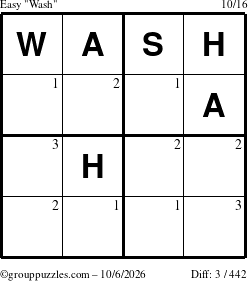 The grouppuzzles.com Easy Wash puzzle for Tuesday October 6, 2026 with the first 3 steps marked