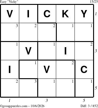 The grouppuzzles.com Easy Vicky puzzle for Tuesday October 6, 2026, suitable for printing, with all 3 steps marked
