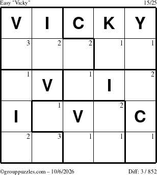 The grouppuzzles.com Easy Vicky puzzle for Tuesday October 6, 2026 with the first 3 steps marked
