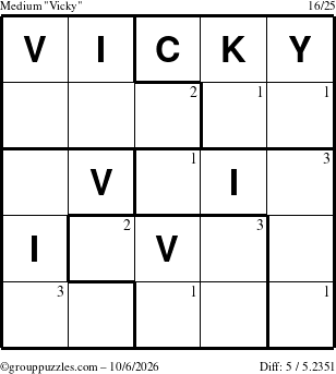 The grouppuzzles.com Medium Vicky puzzle for Tuesday October 6, 2026 with the first 3 steps marked