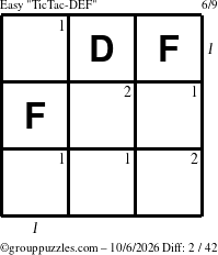 The grouppuzzles.com Easy TicTac-DEF puzzle for Tuesday October 6, 2026, suitable for printing, with all 2 steps marked