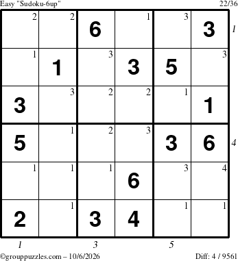 The grouppuzzles.com Easy Sudoku-6up puzzle for Tuesday October 6, 2026, suitable for printing, with all 4 steps marked