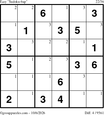 The grouppuzzles.com Easy Sudoku-6up puzzle for Tuesday October 6, 2026 with the first 3 steps marked