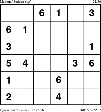 The grouppuzzles.com Medium Sudoku-6up puzzle for Tuesday October 6, 2026