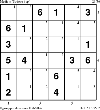 The grouppuzzles.com Medium Sudoku-6up puzzle for Tuesday October 6, 2026, suitable for printing, with all 5 steps marked