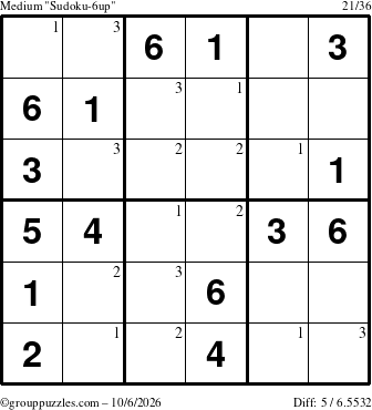 The grouppuzzles.com Medium Sudoku-6up puzzle for Tuesday October 6, 2026 with the first 3 steps marked
