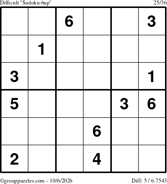 The grouppuzzles.com Difficult Sudoku-6up puzzle for Tuesday October 6, 2026