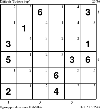 The grouppuzzles.com Difficult Sudoku-6up puzzle for Tuesday October 6, 2026 with all 5 steps marked