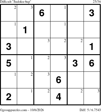 The grouppuzzles.com Difficult Sudoku-6up puzzle for Tuesday October 6, 2026 with the first 3 steps marked