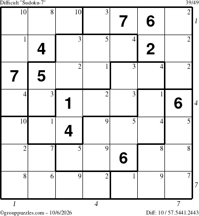 The grouppuzzles.com Difficult Sudoku-7 puzzle for Tuesday October 6, 2026, suitable for printing, with all 10 steps marked